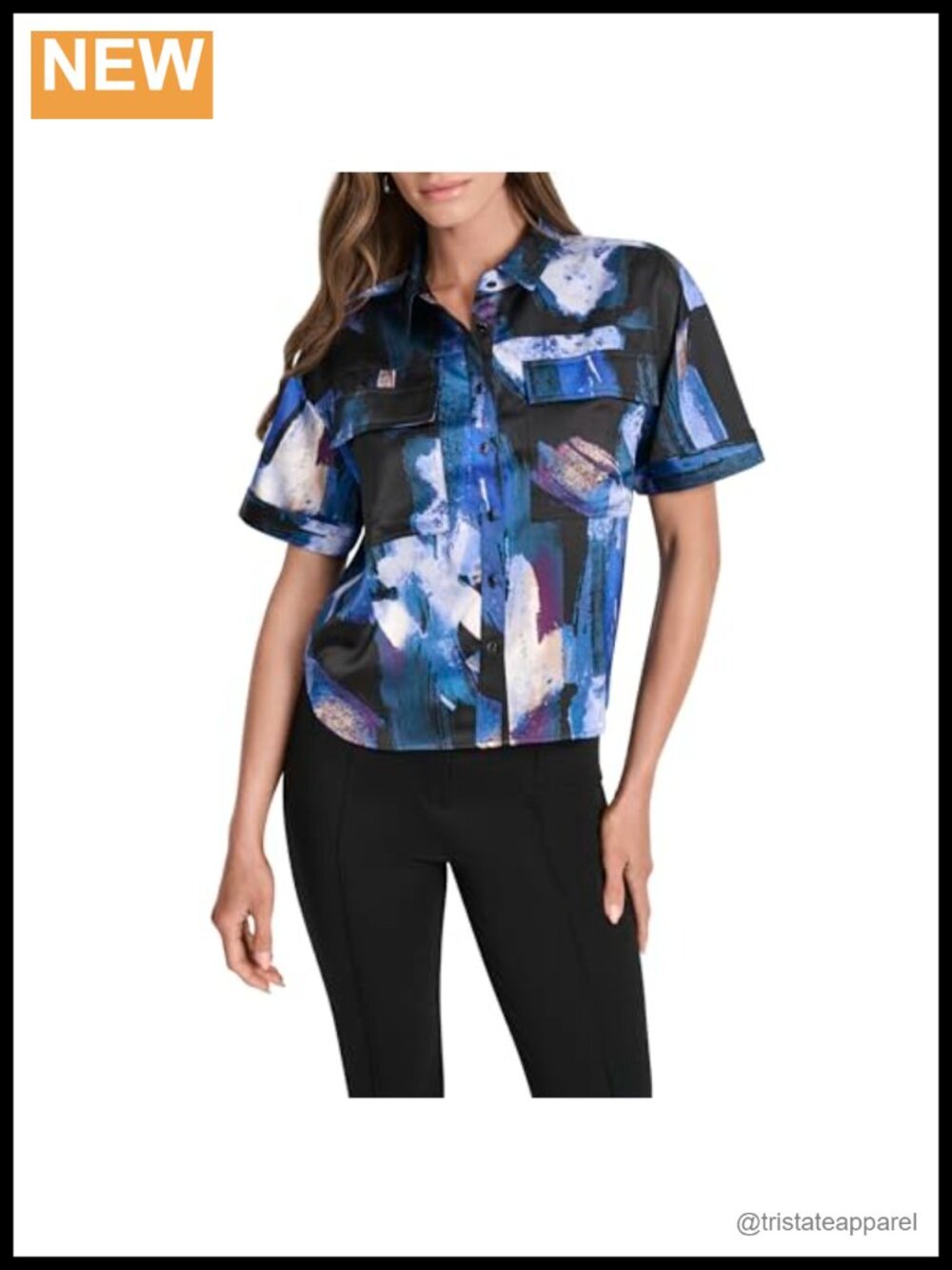 Women's Short Sleeve Collared Blouse, 100% Polyester, Button Front